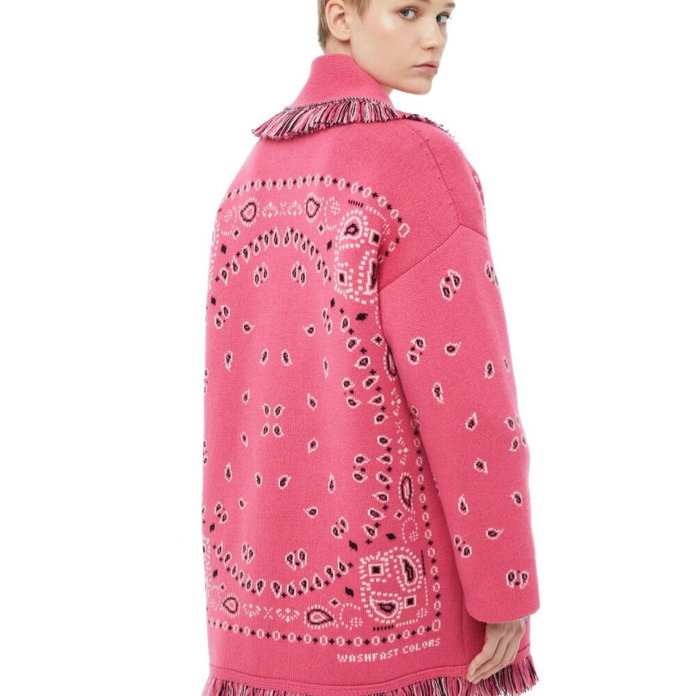 Pink Bandana Pattern Knit Cardigan Fringe Trim Open Front Sweater One Size - Picture 3 of 7
